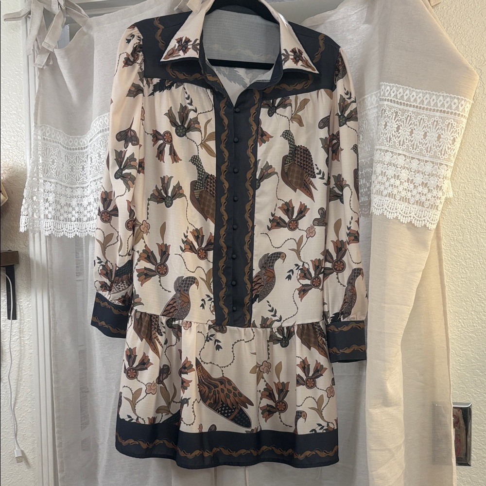 Vintage Bird Print Dress with Black Accents